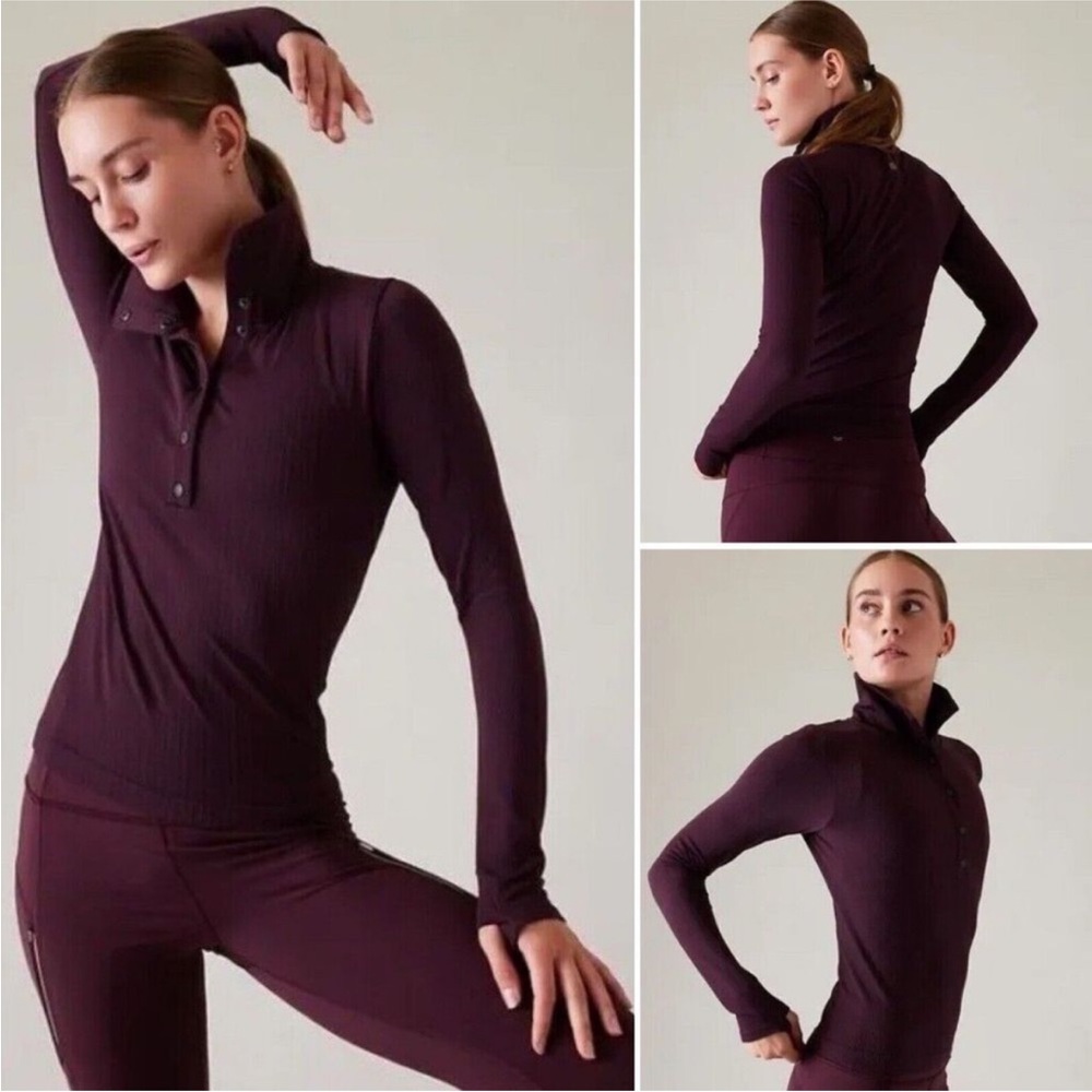 Athleta Flurry Seamless Henley S Spiced Cabernet 1/4 Snap Wicking Fitted